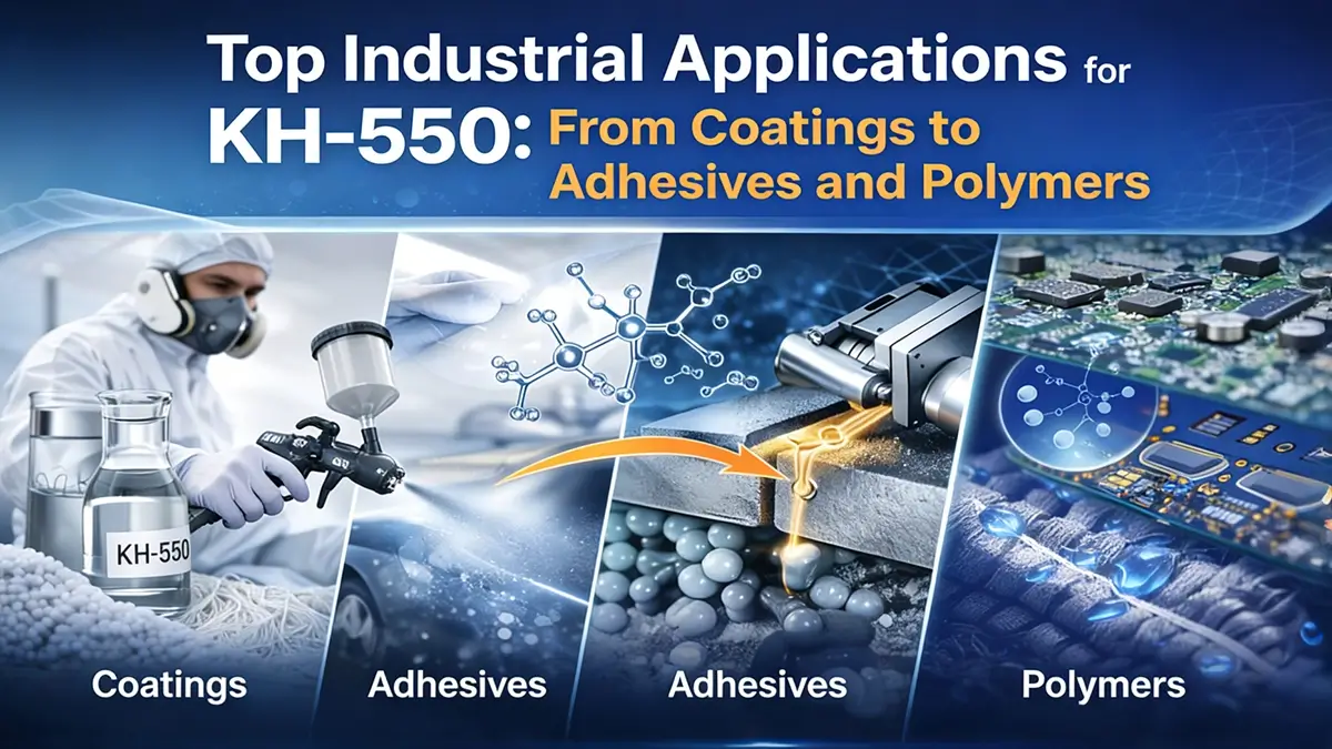 Top Industrial Applications for KH-550 showing coatings, adhesives, polymers, and laboratory setup