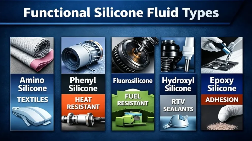 Different functional silicone fluid types including amino phenyl fluorosilicone and epoxy modified silicone oils
