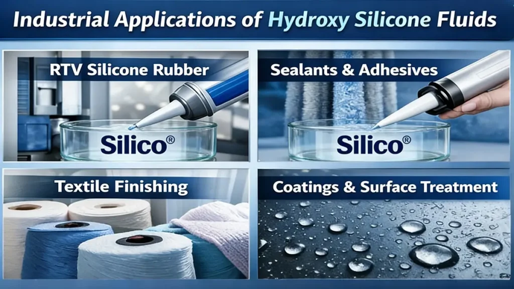 Industrial applications of hydroxy silicone fluids including RTV silicone rubber, sealants, adhesives, textile finishing, and coatings