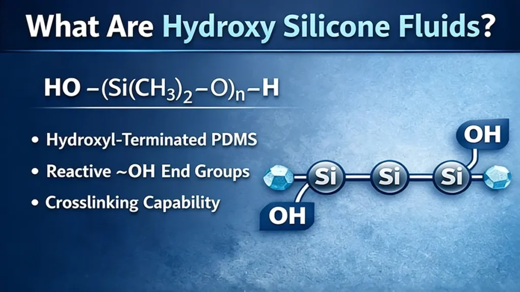 Molecular structure of hydroxyl terminated silicone oil showing reactive OH groups and PDMS backbone