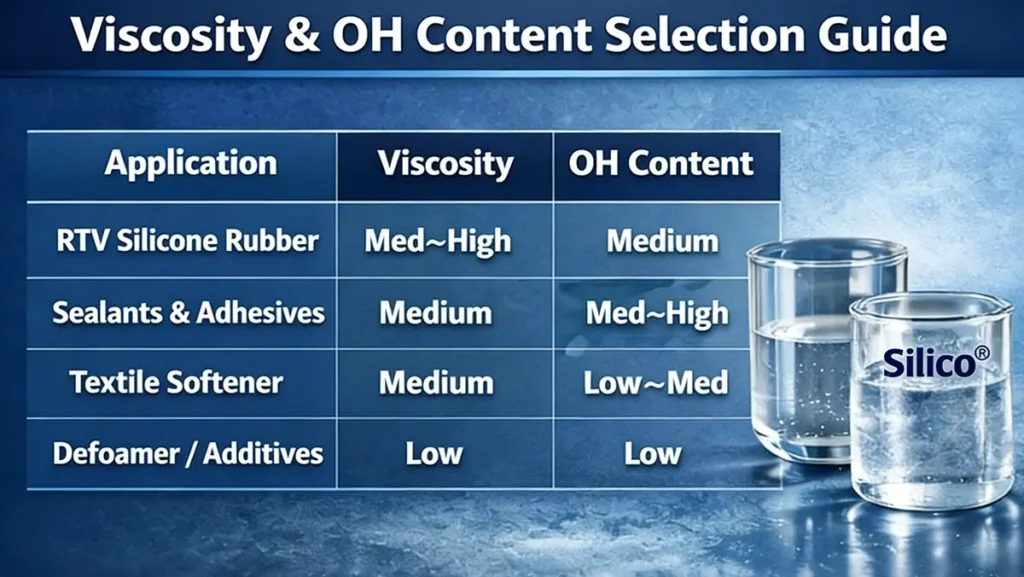 Viscosity and hydroxyl content selection guide for hydroxy silicone fluids with recommended ranges for RTV silicone rubber, sealants, and textile softeners