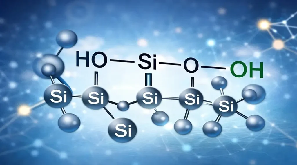 Hydroxyl terminated PDMS structure diagram showing hydroxy silicone fluid molecular chain and silanol functional groups