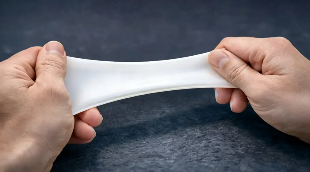 Silicone elastomer flexibility test demonstrating elasticity improvement with hydroxy silicone fluids in rubber processing