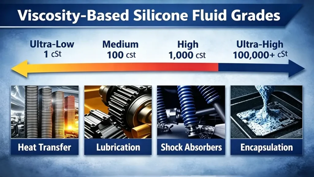Silicone fluid viscosity chart showing low medium and high cSt grades for lubrication heat transfer and damping applications