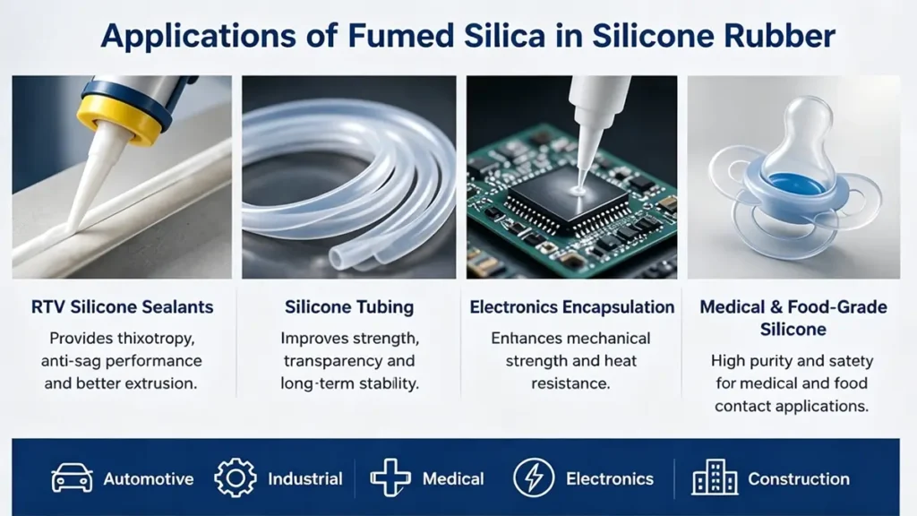 Fumed silica used in RTV sealants, silicone tubing, electronics encapsulation and industrial silicone rubber applications