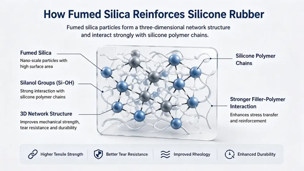 Fumed silica particles forming three-dimensional network structure to reinforce silicone rubber mechanical strength