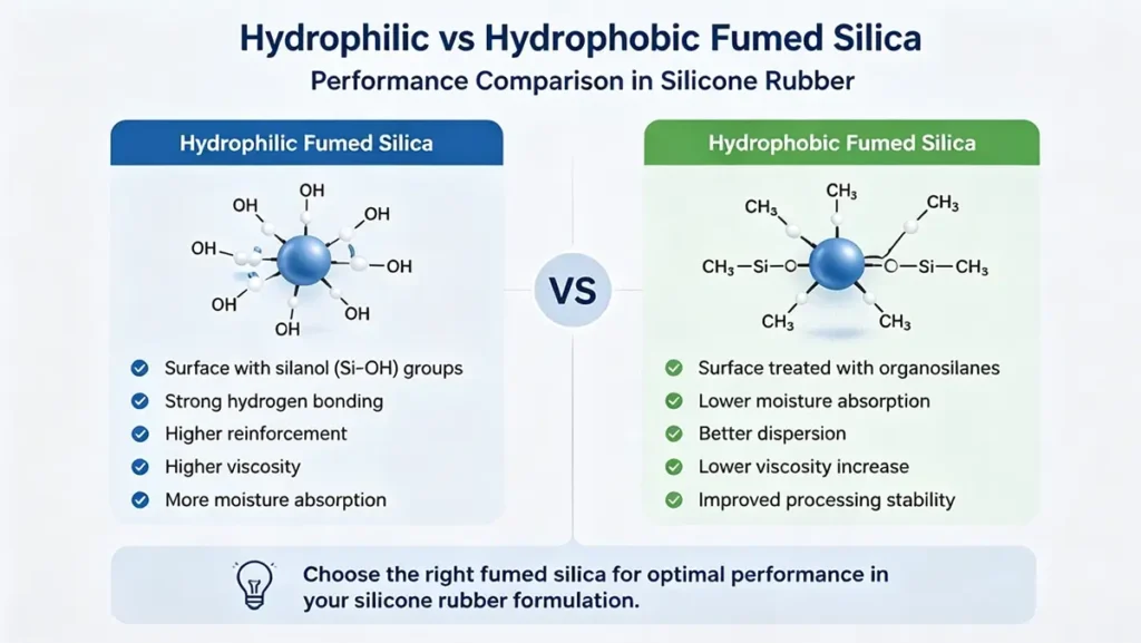 Comparison of hydrophilic and hydrophobic fumed silica showing dispersion and performance in silicone rubber formulations