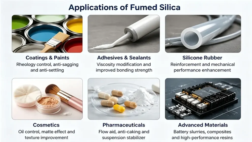 Industrial applications of fumed silica including coatings, adhesives, silicone rubber, cosmetics, and pharmaceuticals for rheology and performance enhancement