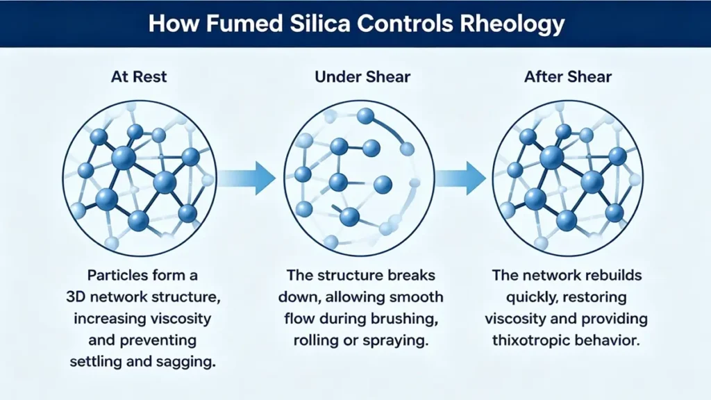 Fumed silica rheology control mechanism in industrial coatings showing thixotropy and viscosity stabilization