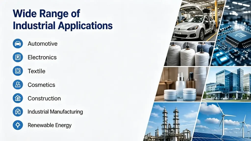 Industrial silicone fluid applications in automotive, electronics, textiles, cosmetics, construction, renewable energy, and industrial manufacturing.