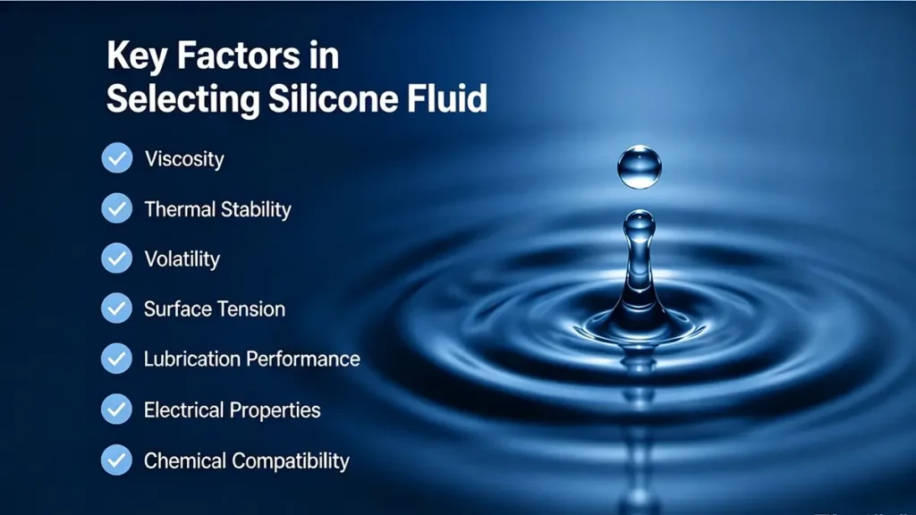 Key factors for selecting industrial silicone fluid, including viscosity, thermal stability, surface tension, lubrication performance, dielectric properties, and chemical compatibility.