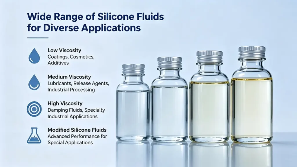 Different types of industrial silicone fluid including low viscosity, high viscosity, and modified silicone fluids for various applications