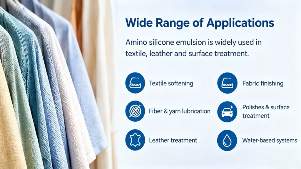 Amino silicone emulsion applications in textile softening, fiber lubrication, leather and surface treatment