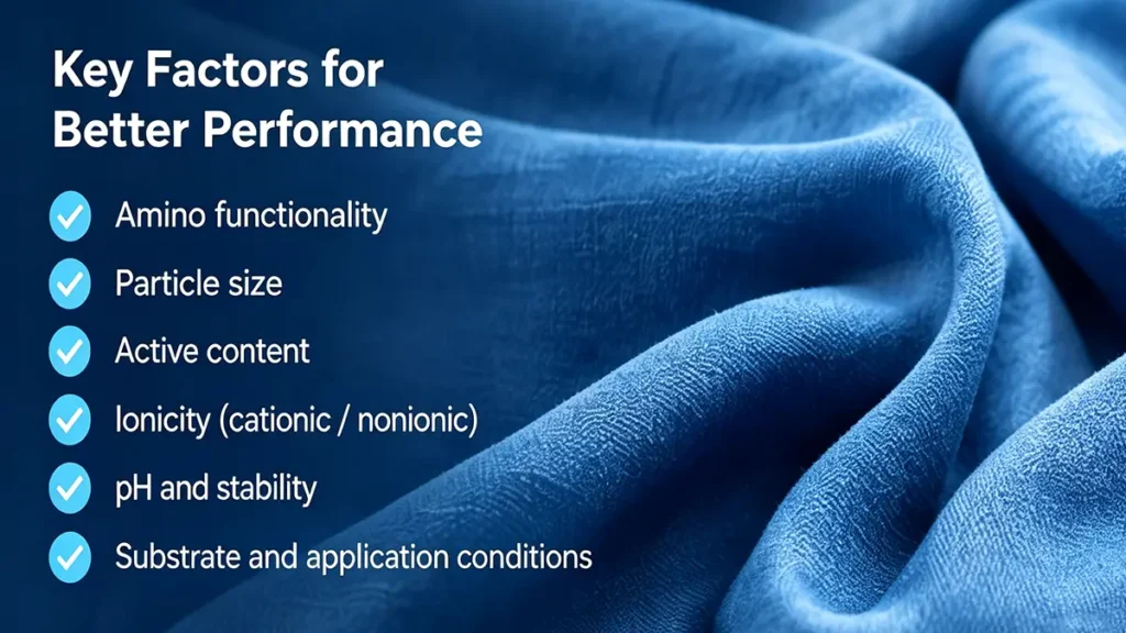 Key amino silicone emulsion factors including particle size, active content, ionicity and stability