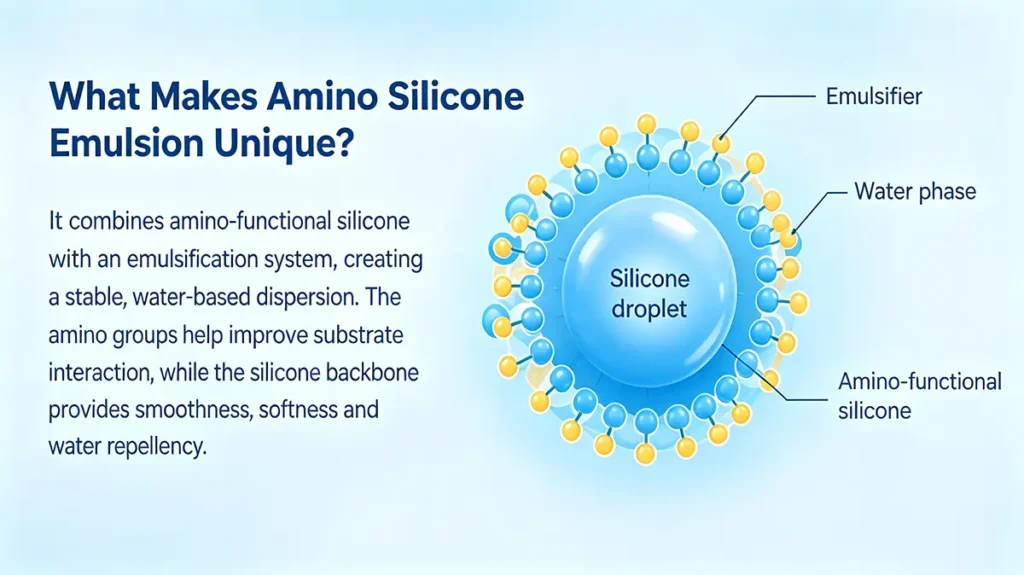Amino silicone emulsion structure showing silicone droplets dispersed in a water-based system