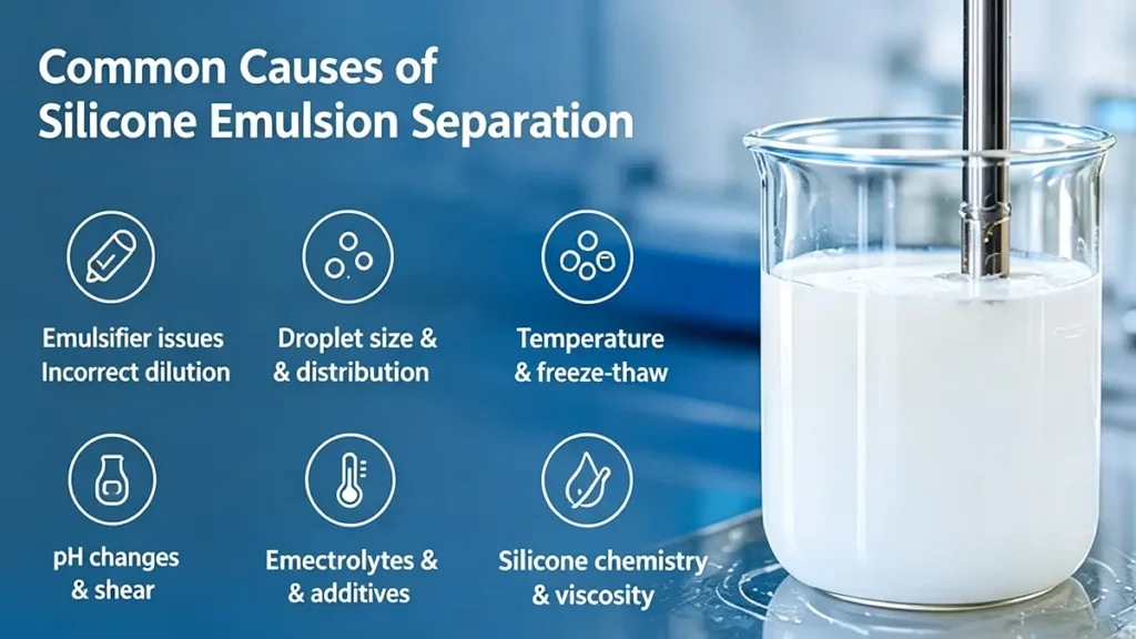 Common causes of silicone emulsion separation including emulsifiers pH electrolytes and droplet size
