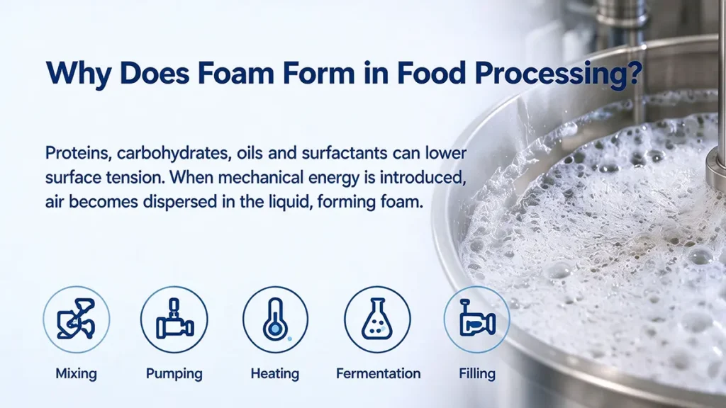 Foam formation during mixing, pumping, heating and fermentation in food processing