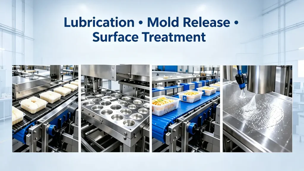 Food grade silicone oil applications in food processing equipment for lubrication, mold release and surface treatment