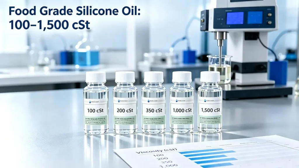 Food grade silicone oil viscosity grades from 100 to 1,500 cSt with laboratory viscosity testing and silicone fluid samples