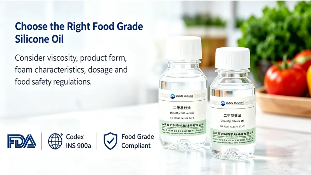 Food grade silicone oil selection based on viscosity, intended use, food-contact requirements and regulatory compliance