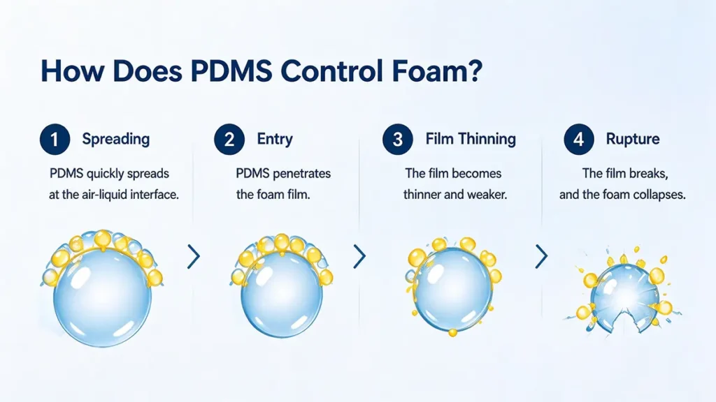 How PDMS controls foam through spreading, foam-film destabilization and bubble collapse