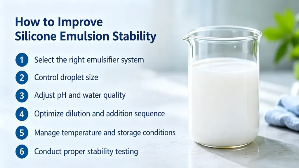 How to improve silicone emulsion stability through emulsifier selection pH dilution and mixing