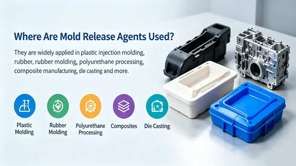 Mold release agent applications in plastic, rubber, polyurethane, composite and die casting processes