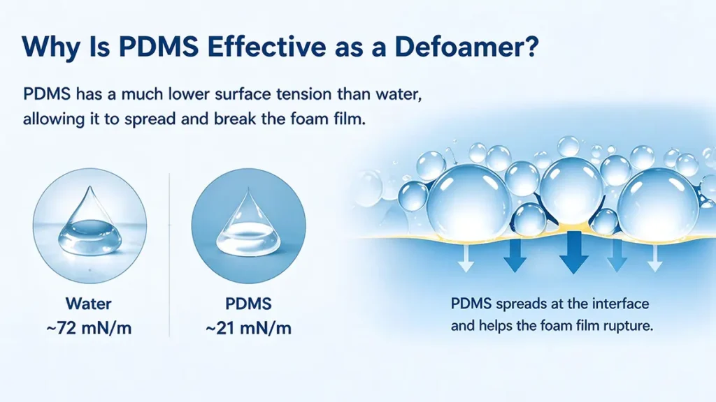 PDMS silicone fluid properties for foam control including low surface tension and hydrophobicity