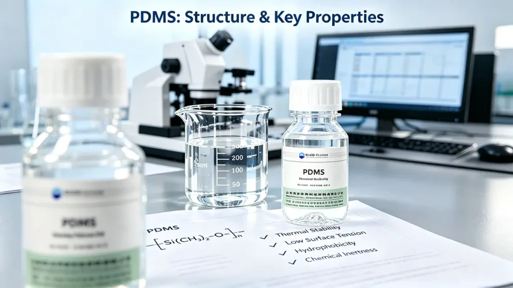 PDMS silicone oil structure and key properties including thermal stability, low surface tension, hydrophobicity and chemical stability