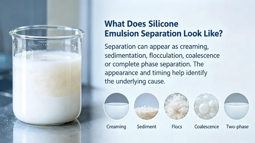 Silicone emulsion separation types including creaming flocculation and coalescence