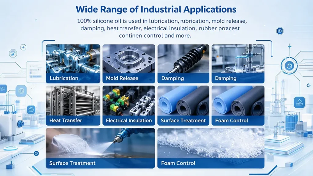 Industrial applications of 100% silicone oil including lubrication, mold release, damping, heat transfer and rubber and plastic processing