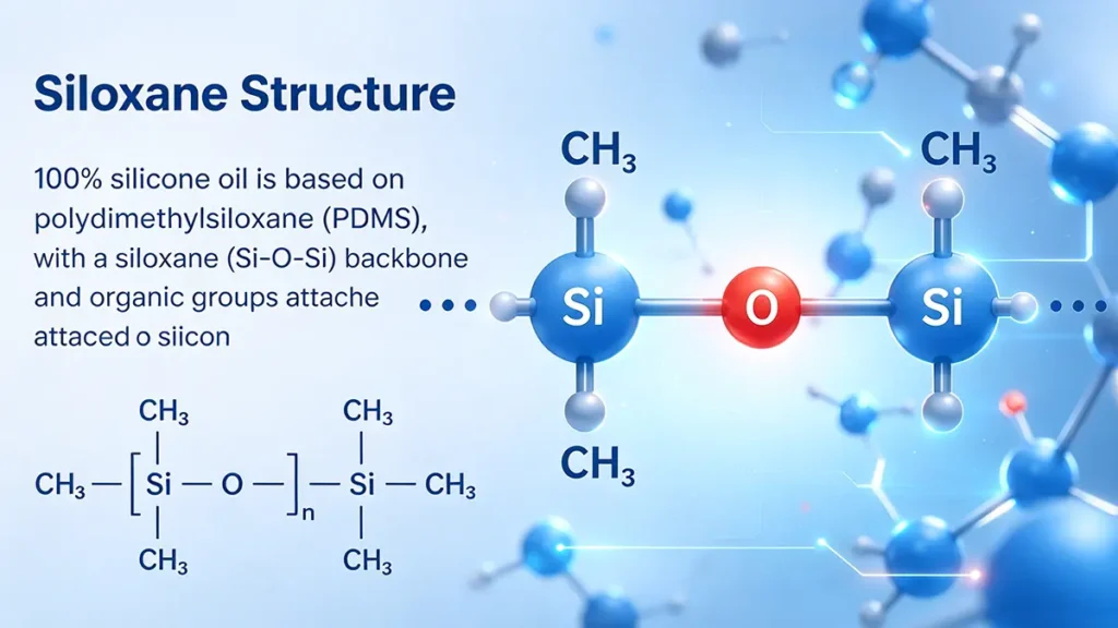 100% silicone oil based on PDMS showing siloxane structure, thermal stability, water repellency and dielectric properties