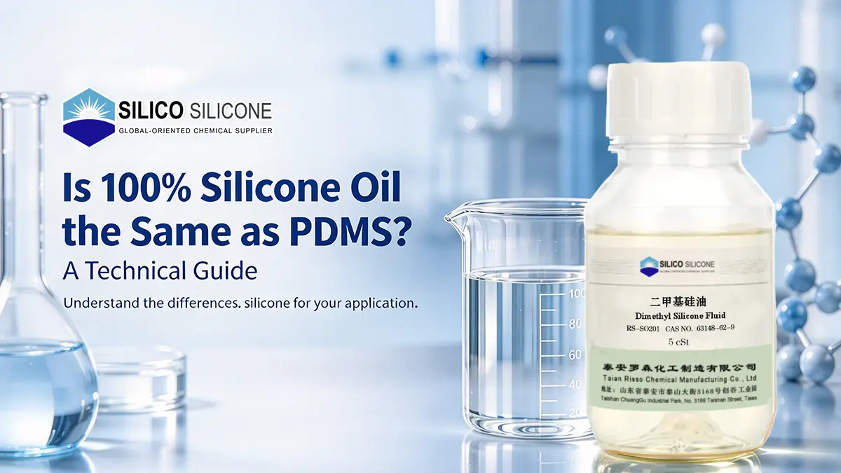100% silicone oil vs PDMS technical guide showing the differences between silicone oil, polydimethylsiloxane, and silicone fluid