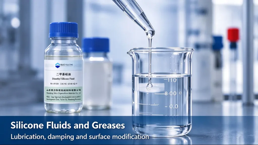 Automotive silicone fluids in laboratory containers for applications requiring controlled viscosity, damping and specialized fluid performance.