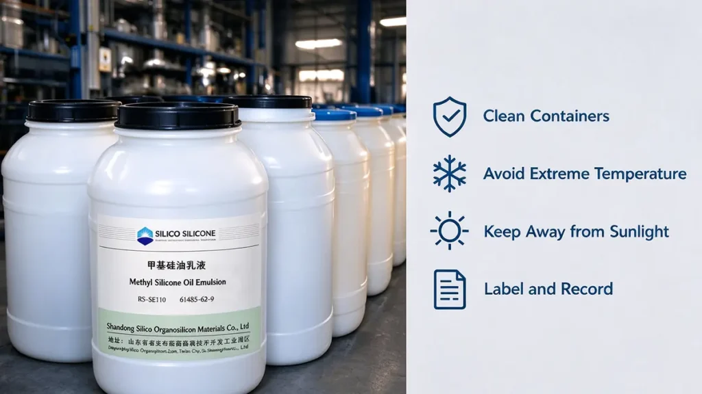 Proper storage and handling of diluted silicone emulsion in clean, sealed industrial containers