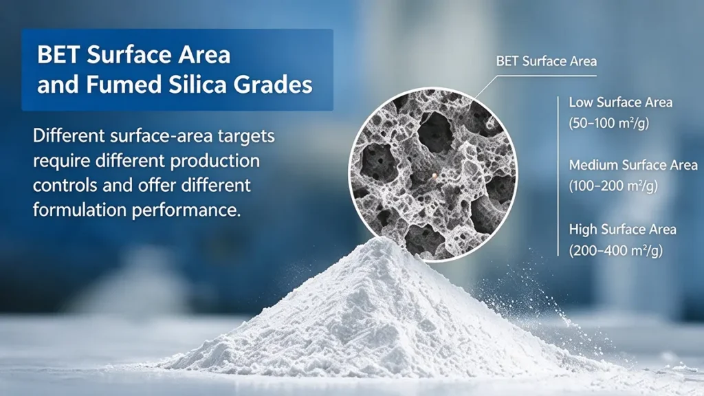 Fumed silica powder grades with different BET specific surface areas for industrial applications, including thickening and reinforcement.