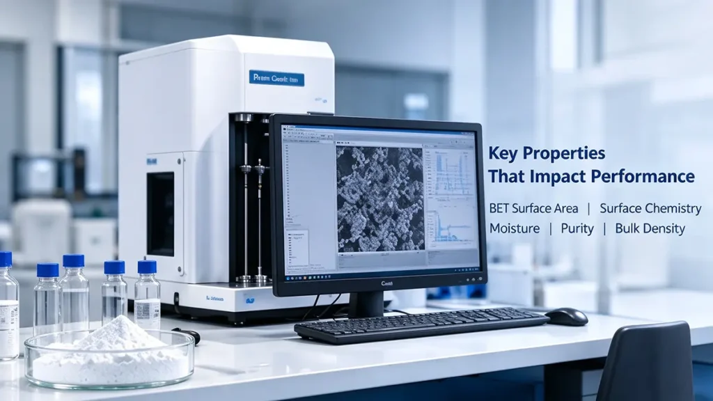Laboratory testing of fumed silica grades for BET surface area, surface properties, moisture content, purity, and bulk density.