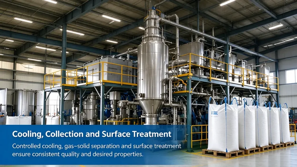 Industrial fumed silica production showing powder collection, finishing and quality control after particle formation
