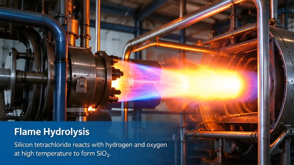 Flame hydrolysis of silicon tetrachloride in a high-temperature reactor during fumed silica production