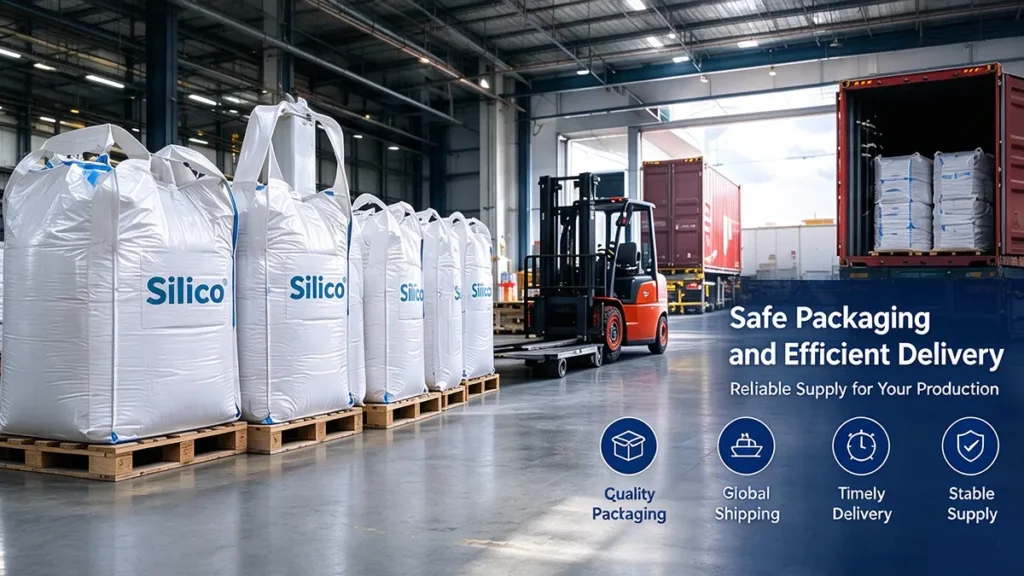 Industrial packaging and warehouse handling of fumed silica, illustrating bulk bags, storage, and transportation logistics.