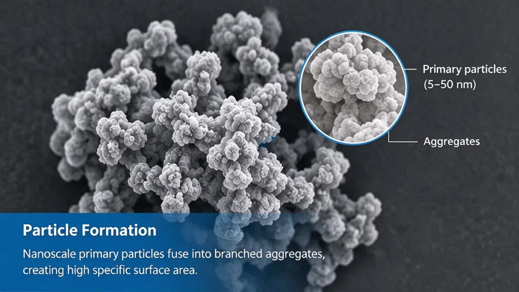 Microscopic structure of fumed silica showing nanoscale primary particles fused into branched aggregates