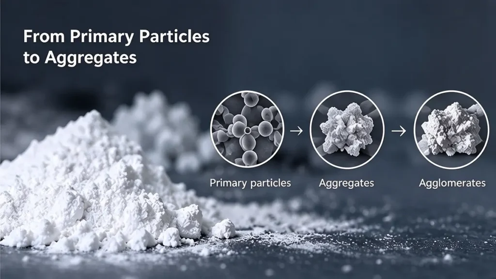 Fumed silica primary particles aggregates and agglomerates under microscopic imaging