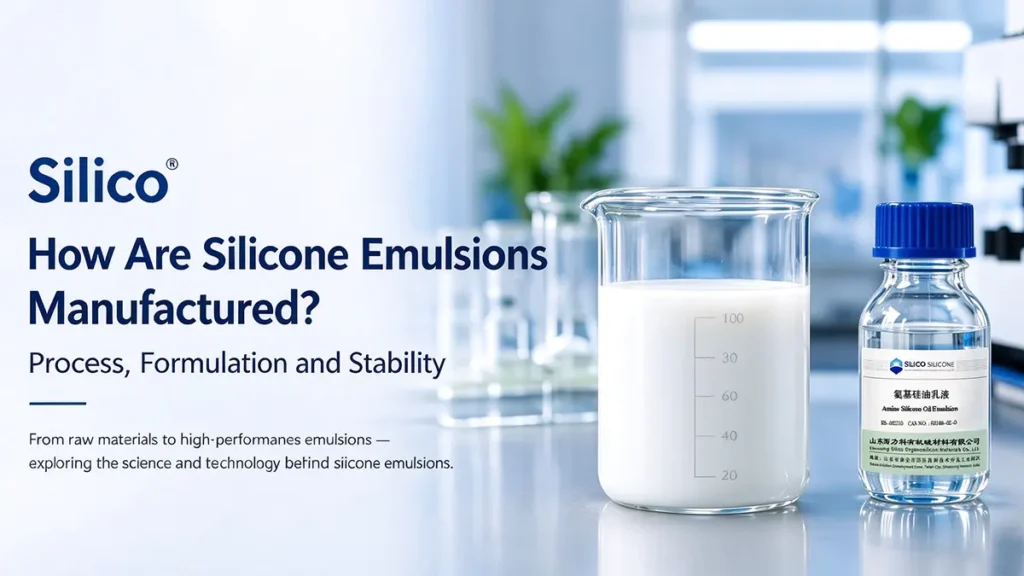 Silicone emulsion manufacturing process, formulation and stability, featuring laboratory samples and Silico® organosilicon materials.
