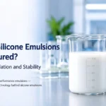 Silicone emulsion manufacturing process, formulation and stability, featuring laboratory samples and Silico® organosilicon materials.