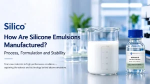 Silicone emulsion manufacturing process, formulation and stability, featuring laboratory samples and Silico® organosilicon materials.