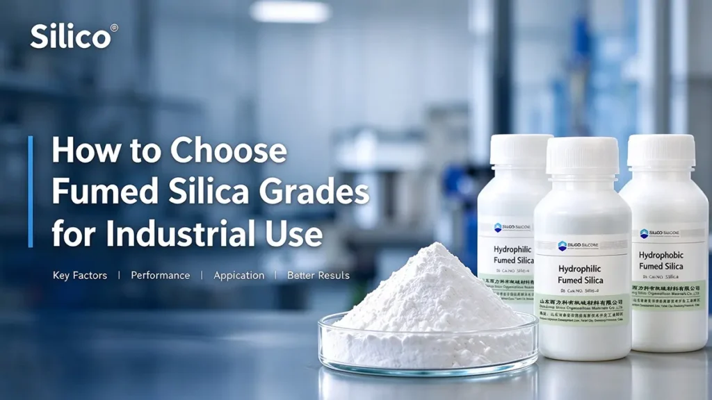 How to choose fumed silica grades for industrial use, with fumed silica powder and hydrophilic and hydrophobic sample jars.
