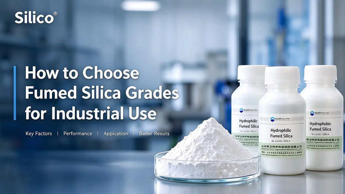 How to choose fumed silica grades for industrial use, with fumed silica powder and hydrophilic and hydrophobic sample jars.