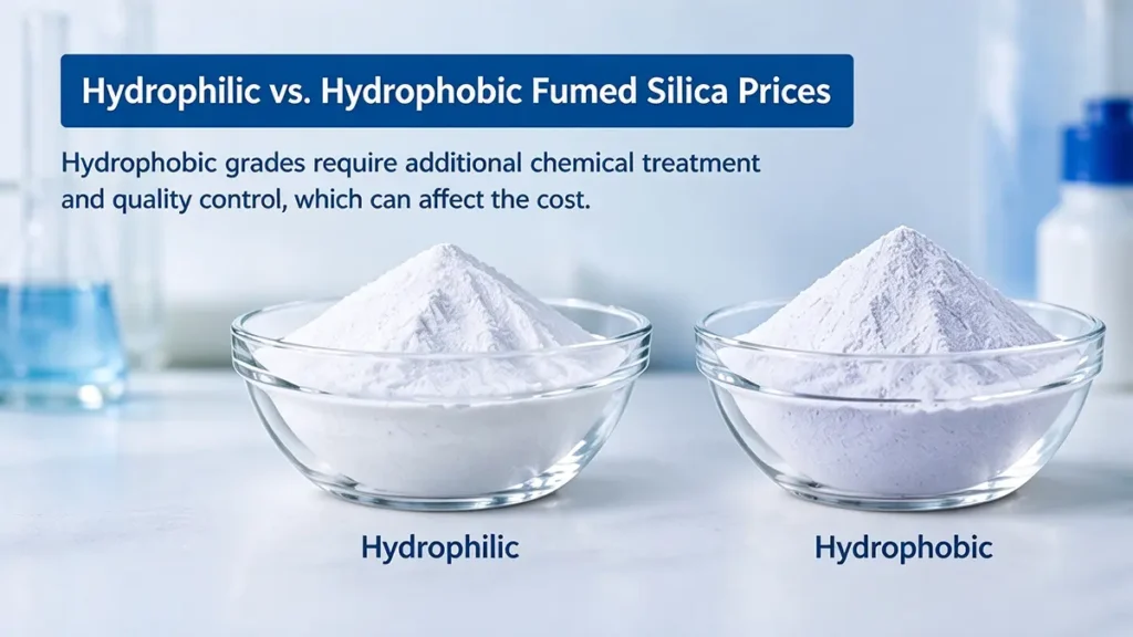 Comparison of hydrophilic and hydrophobic fumed silica powders, highlighting differences in surface treatment and application compatibility.