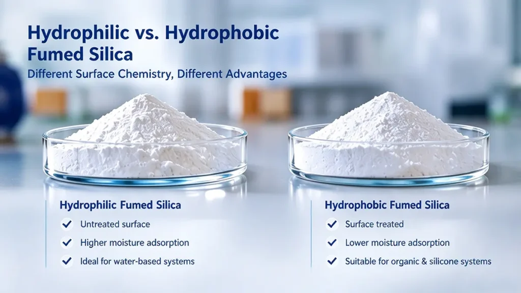 Comparison of hydrophilic and hydrophobic fumed silica powders with different surface chemistry and moisture adsorption characteristics.
