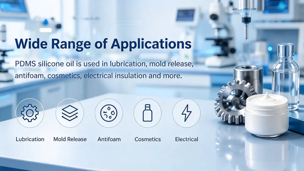 PDMS silicone oil applications in industrial lubrication, mold release, antifoam, cosmetics, electrical insulation, and surface treatment